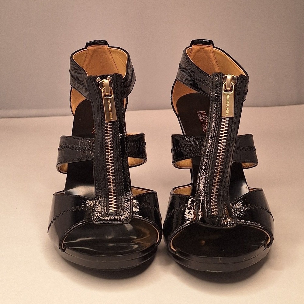 Michael Kors Black Patent Leather T-Strap Cage Heels Front Zip Stiletto Sandals - Picture 10 of 10